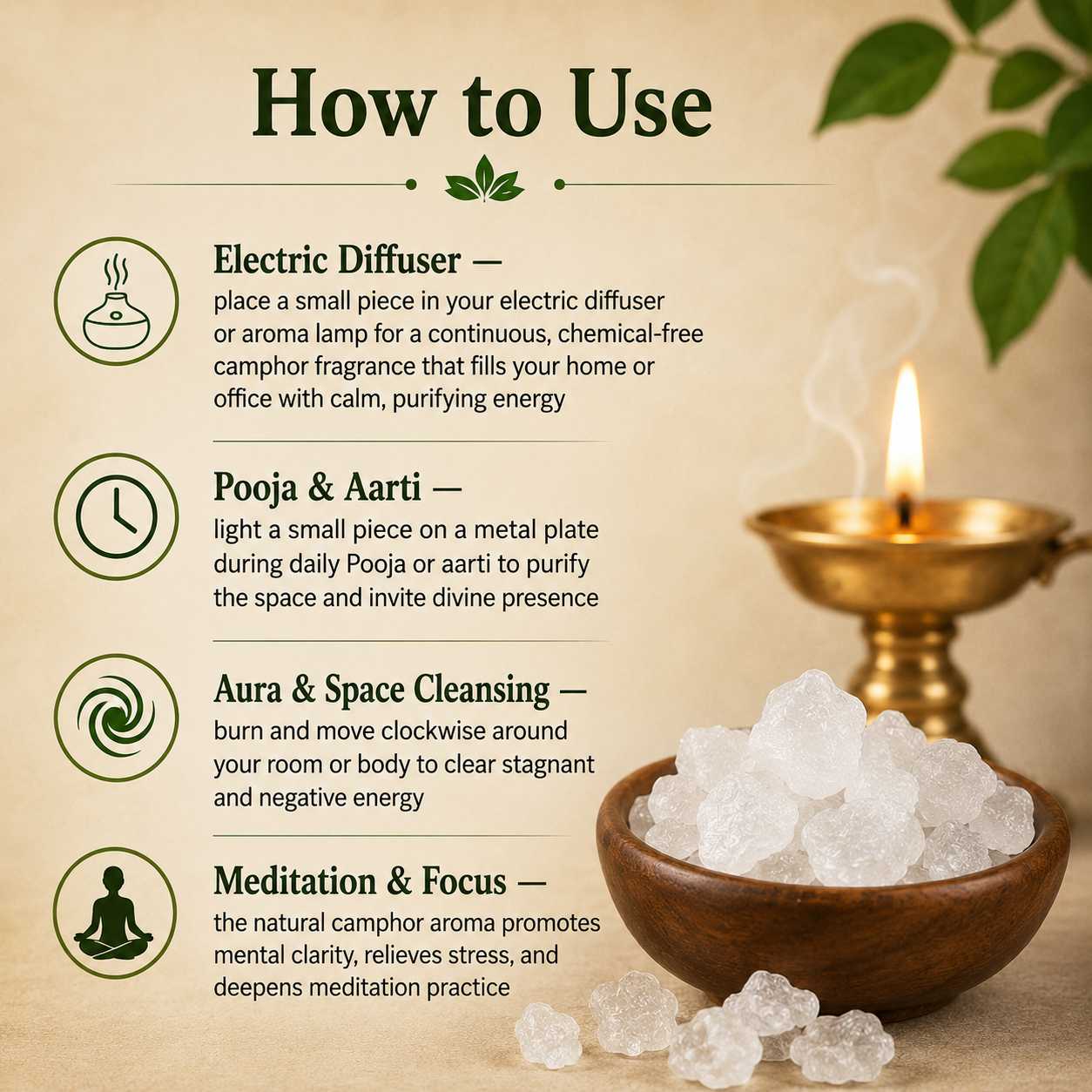 Organic Bhimseni Camphor for Electric Diffuser, Pooja & Aura Cleansing – Pure Chemical-Free Kapoor | 100g x Pack of 2