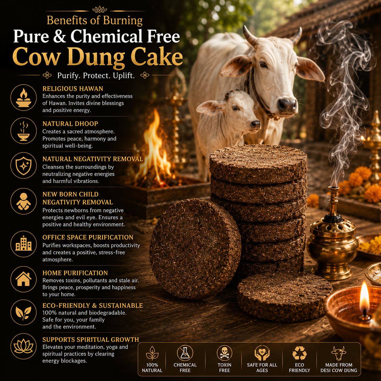 Pure Cow Dung Cakes (Upale) – Buy 2 Get 1 Free | Havan, Pooja & Aura Cleansing | 8-10 Pcs per Pack