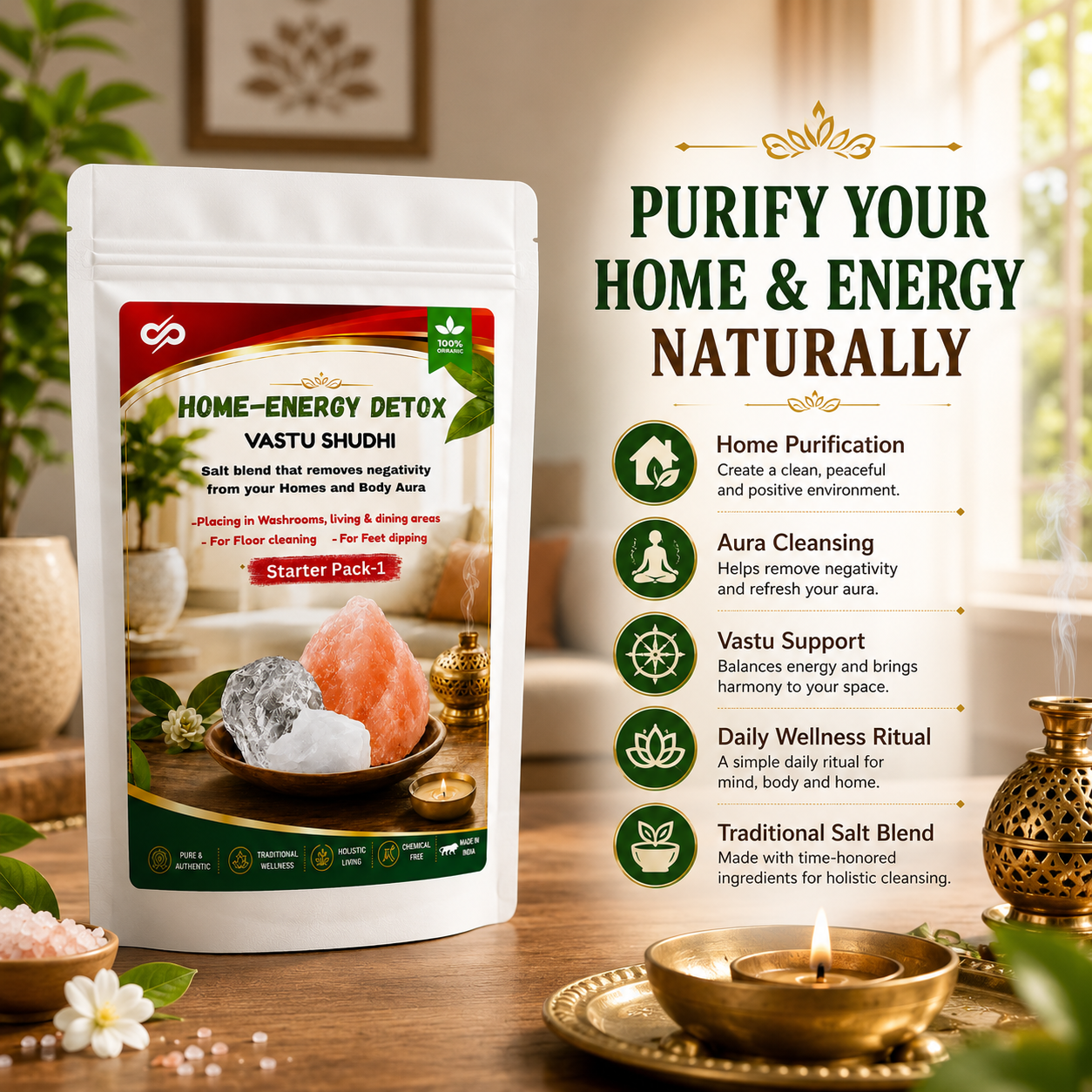 Vastu Shuddhi, Salt Blend for Home Energy Cleansing | Camphor, Alum & Salt Mix | Home Aura Detox | Floor Cleaning Additive | Foot Soak Ritual | For Washroom, Living Room & Entrance
