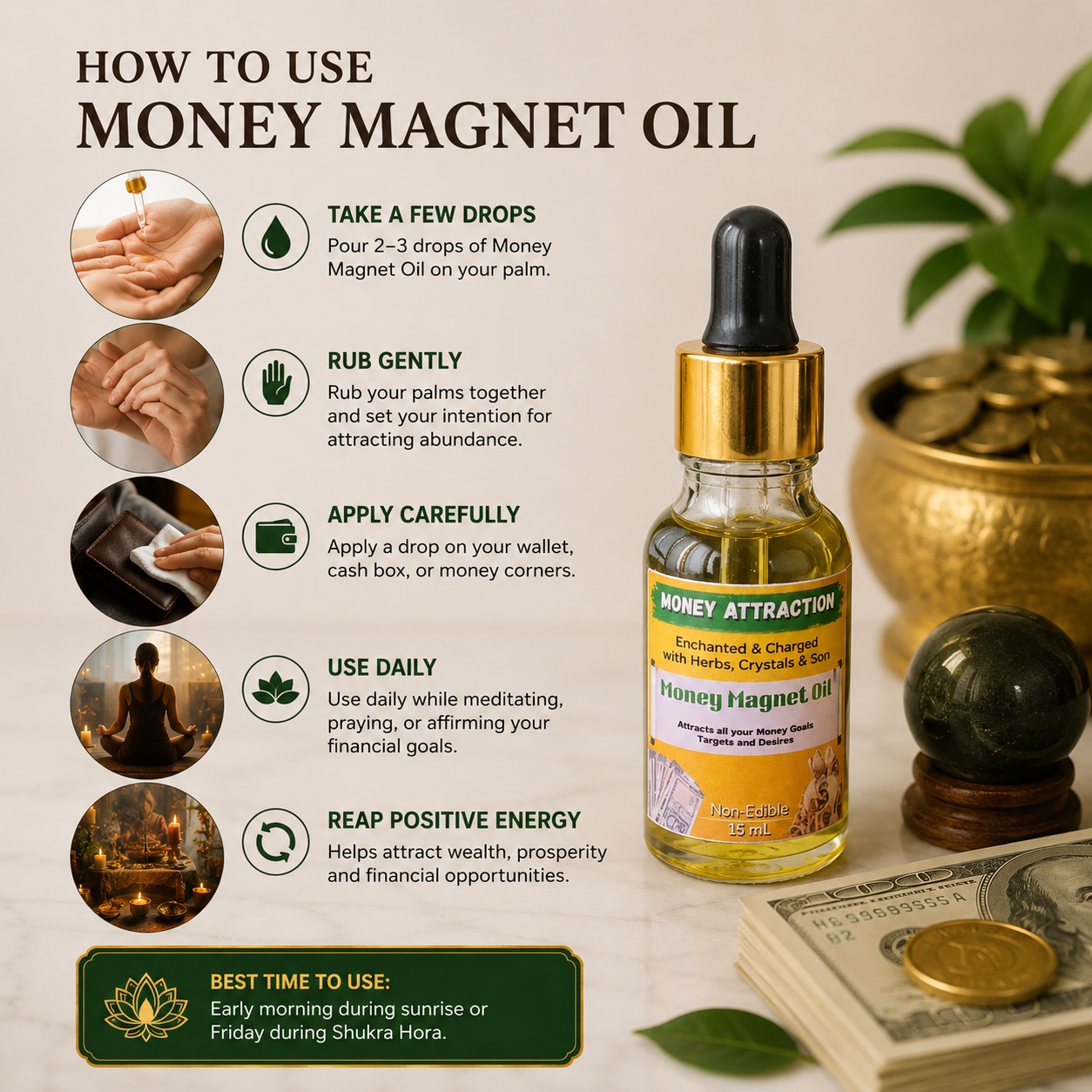 Money Magnet Oil – Charged & Enchanted Oil to Attract Wealth, Luck & Abundance | 12ml