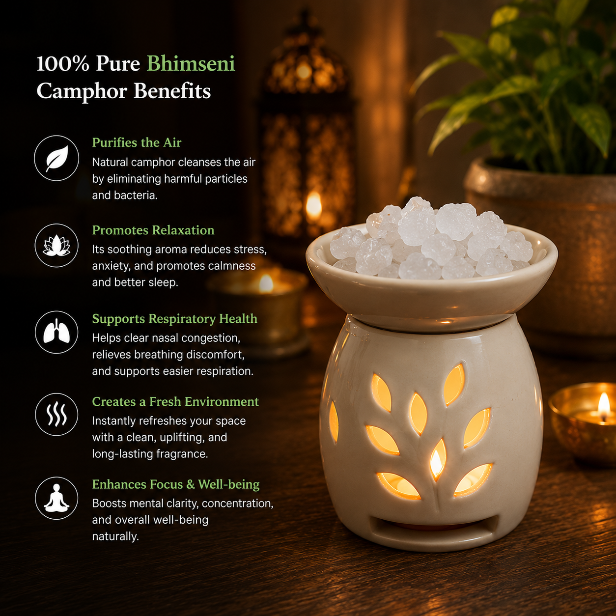 Organic Bhimseni Camphor for Electric Diffuser, Pooja & Aura Cleansing – Pure Chemical-Free Kapoor | 100g x Pack of 2